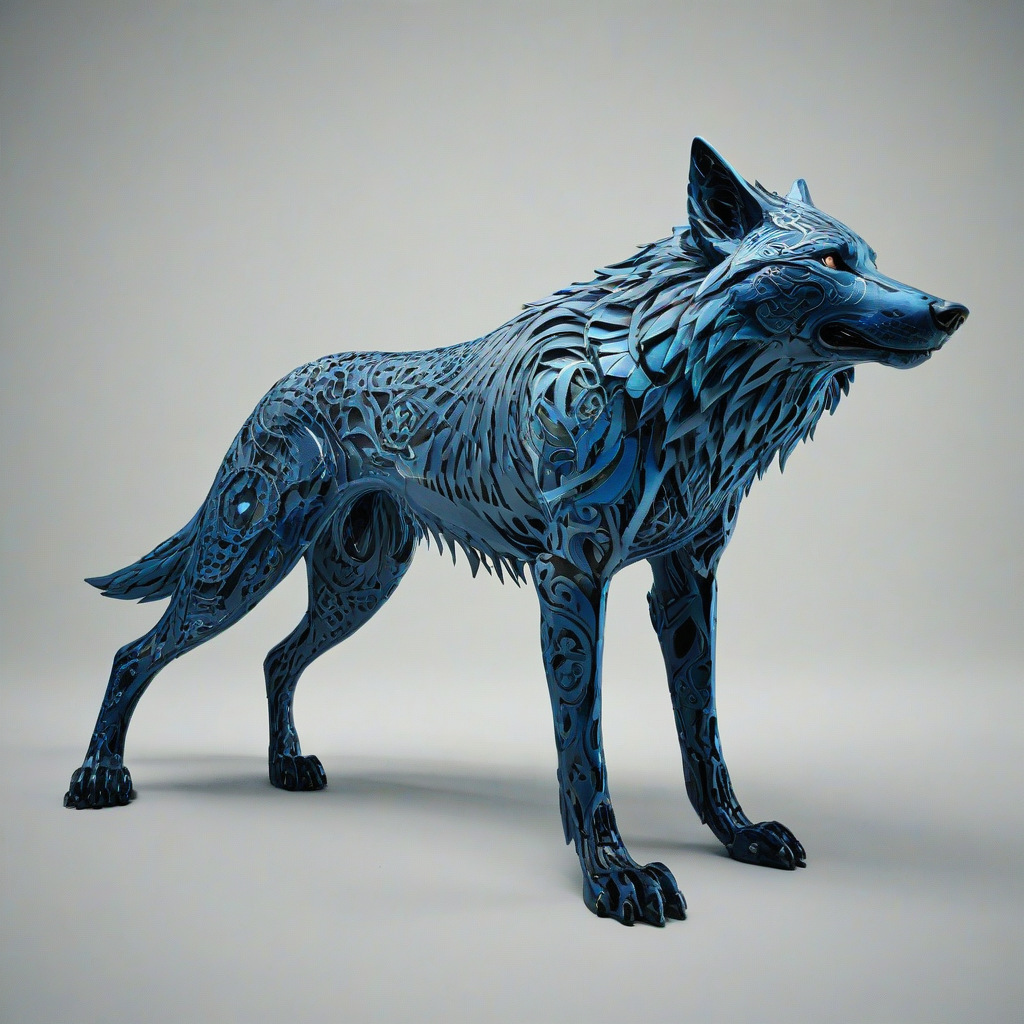 A full-body view of a steel blue, Gothic-inspired, wolf with intricate, mystical patterns on its fur, set against a plain white background, with a wide-angle shot, and dramatic, dynamic shadows, in a digital art style with bold lines and vibrant colors, on a plain white background, even lighting