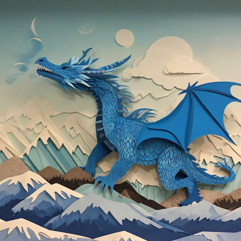 Paper cutout art of a blue dragon flying high over mountains