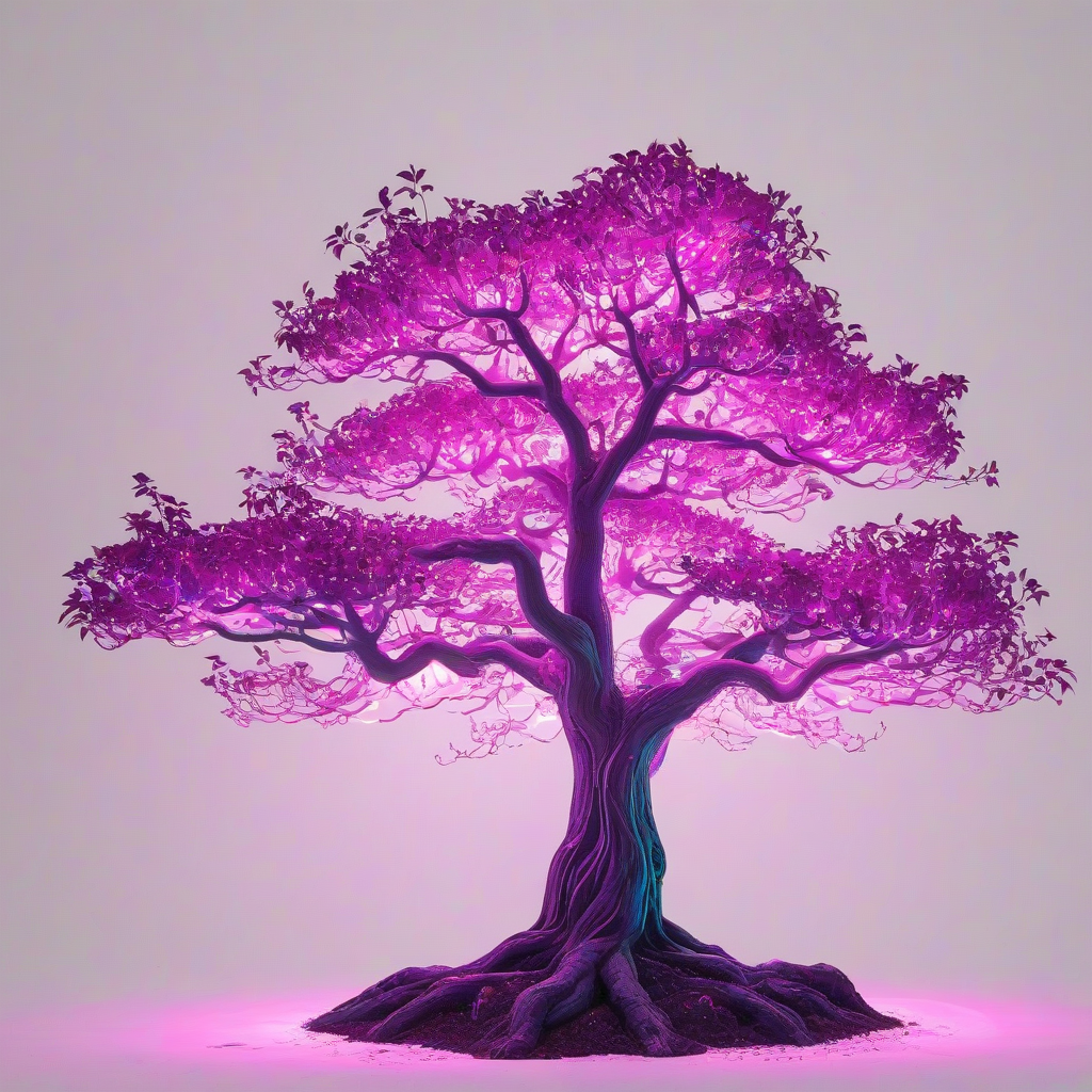 a full-body view of a vibrant, magenta-colored, enchanted tree, with a wide shot, and a plain white background, in a vaporwave style, with neon lights and misty atmosphere, the tree has a glowing aura and intricate details, with a sense of mysticism and wonder, on a plain white background, even lighting