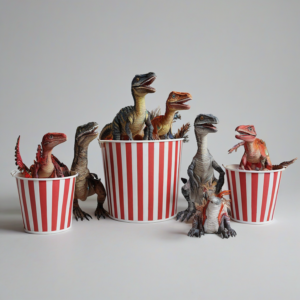 A paper bucket with vertical red and white stripes, containing a group of velociraptor dinosaurs with vibrant, colorful feathers, sitting inside it., on a plain white background, even lighting