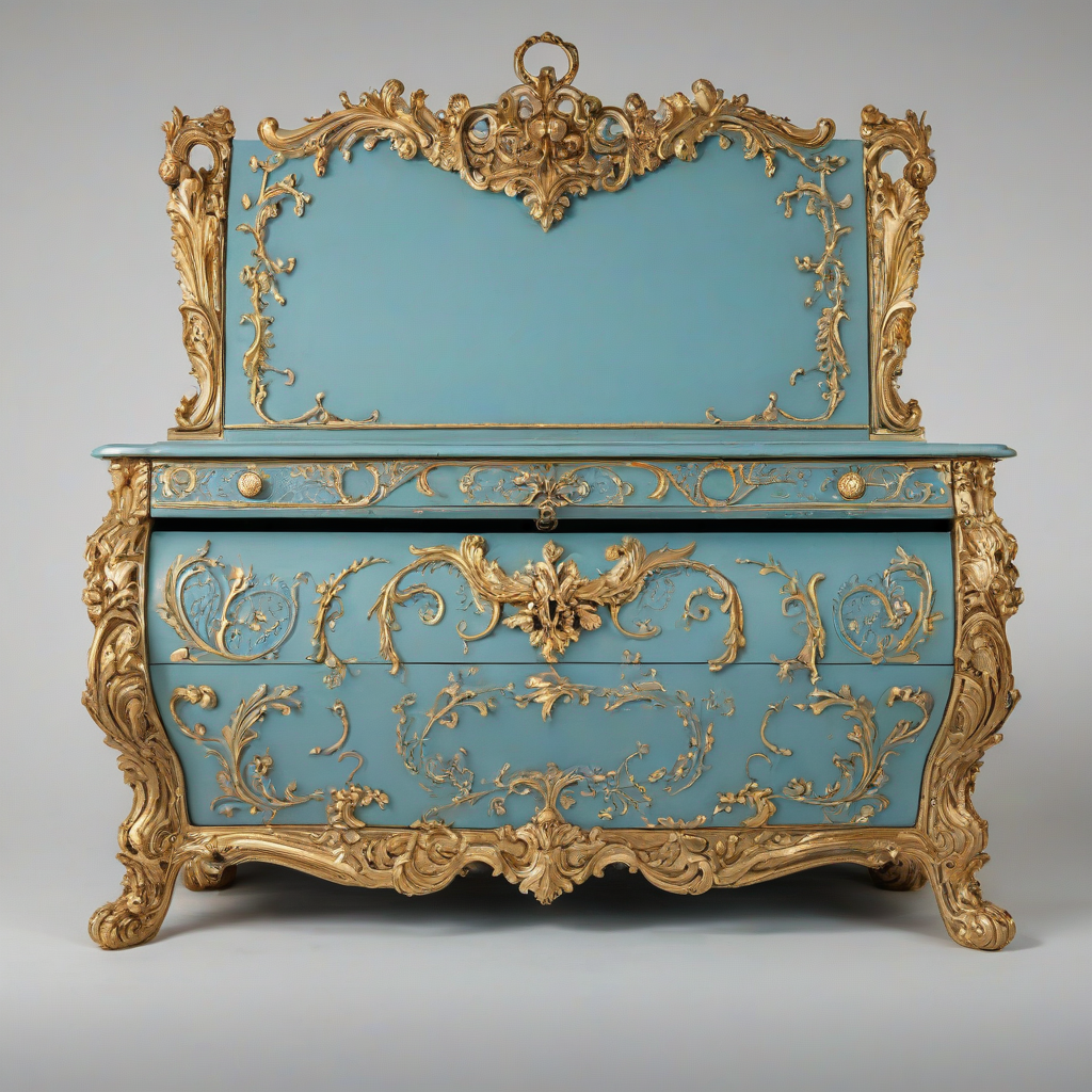 A highly ornate, Azure colored, Rococo style chest, with intricate carvings and gold accents, in a wide shot, with the chest centered on a plain white background, with soft, warm lighting and a slight sheen to the finish, on a plain white background, even lighting, on a plain white background, even lighting 