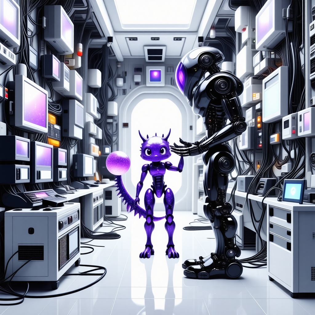 A wide shot, landscape view of a bright, futuristic room filled with cool electronic computer equipment, wires, and futuristic gadgets, with a sleek, black metal humanoid robot with purple accents framing the face, arms, and legs and around the torso, standing in the center of the room, holding a very small, cute, pastel-colored galaxy dragon with glittering, swirly patterns in one hand, and a colorful beach ball with a fun, playful design in the other hand, on a plain white background, with soft, natural lighting and a shallow depth of field, in a digital art style with clean lines and minimal textures