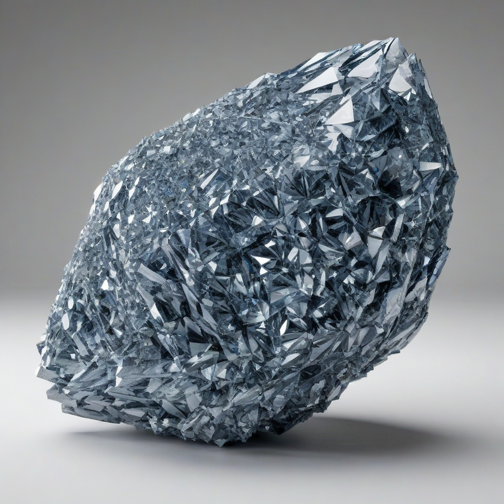 A large, intricate crystal formation in a steel blue color, with sharp, defined edges and a highly detailed, photorealistic appearance, set against a plain white background, in a wide shot with the entire formation visible, including the base and any surrounding crystalline structures, with accurate lighting and shading to enhance the realistic look, on a plain white background, even lighting 