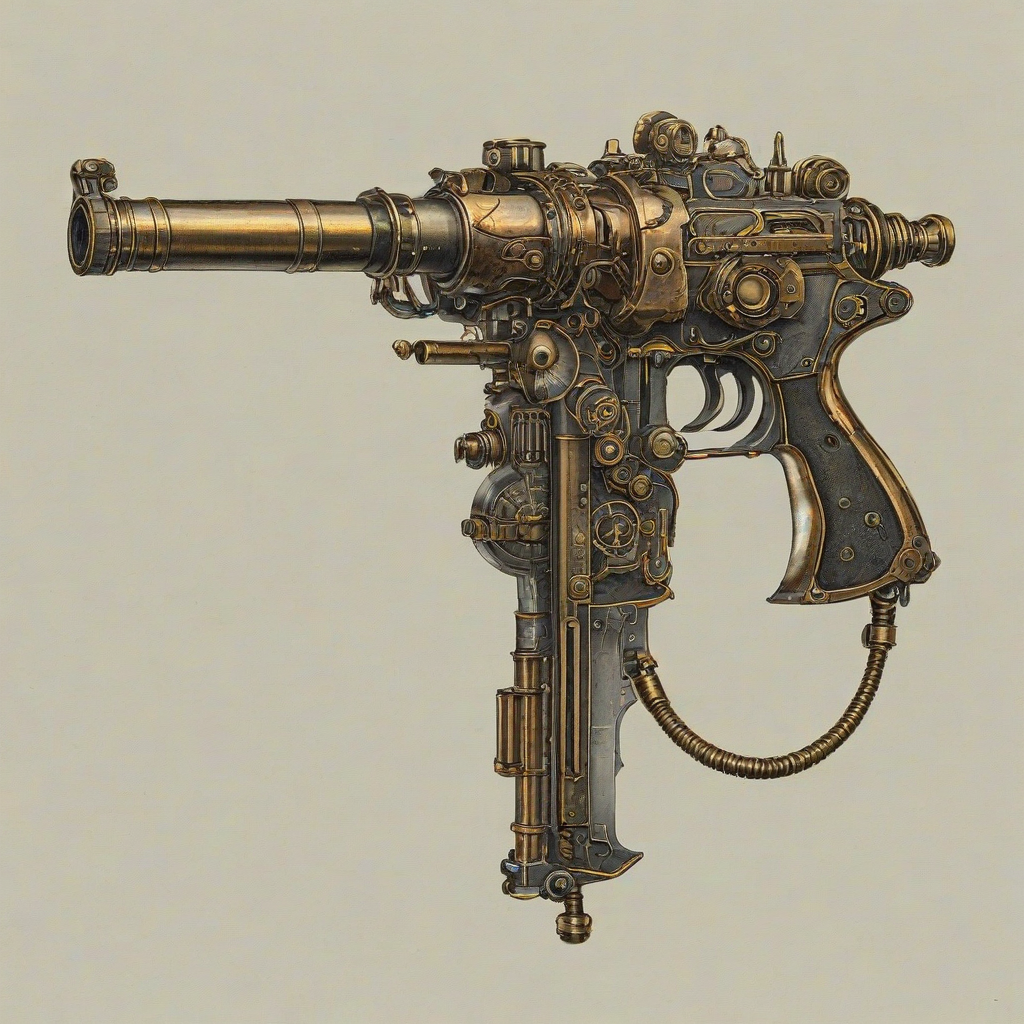 A intricately designed steampunk-inspired weapon, with brass and copper accents, set against a plain white background, rendered in a charcoal sketch style, with fine lines and shading, full-body view, wide shot, with visible textures and details, in a vintage, industrial atmosphere, with a sense of nostalgia and innovation, on a plain white background, even lighting