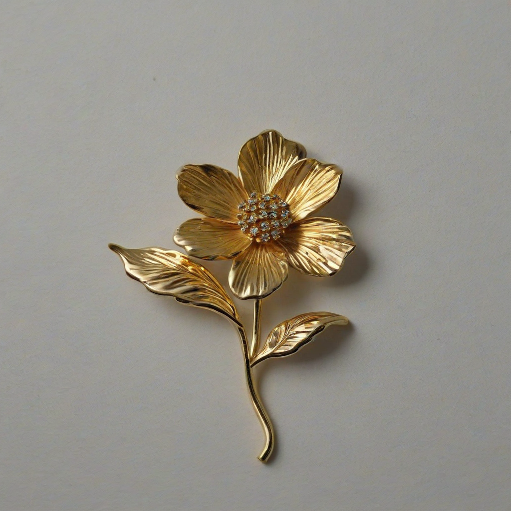 gold flower brooch, on a plain white background, even lighting