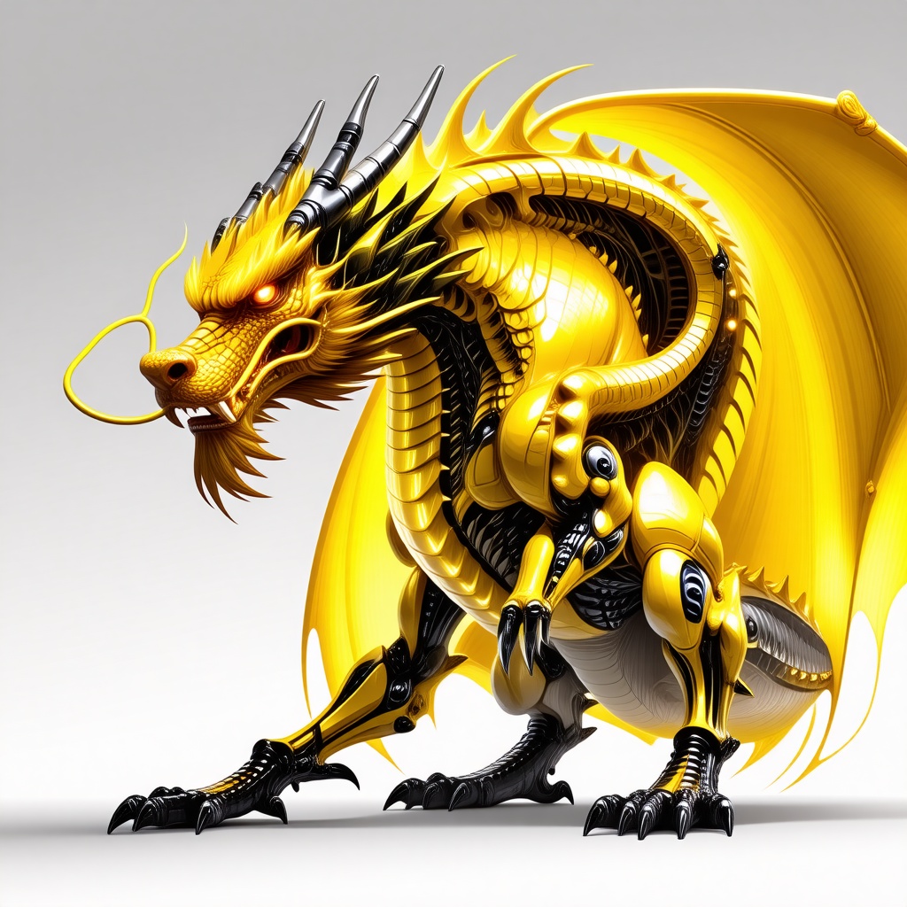 A large, yellow dragon with biopunk elements, such as metallic limbs and neon accents, in a full-body view, on a plain white background, with a wide-angle shot, and dynamic shadows, in a digital art style