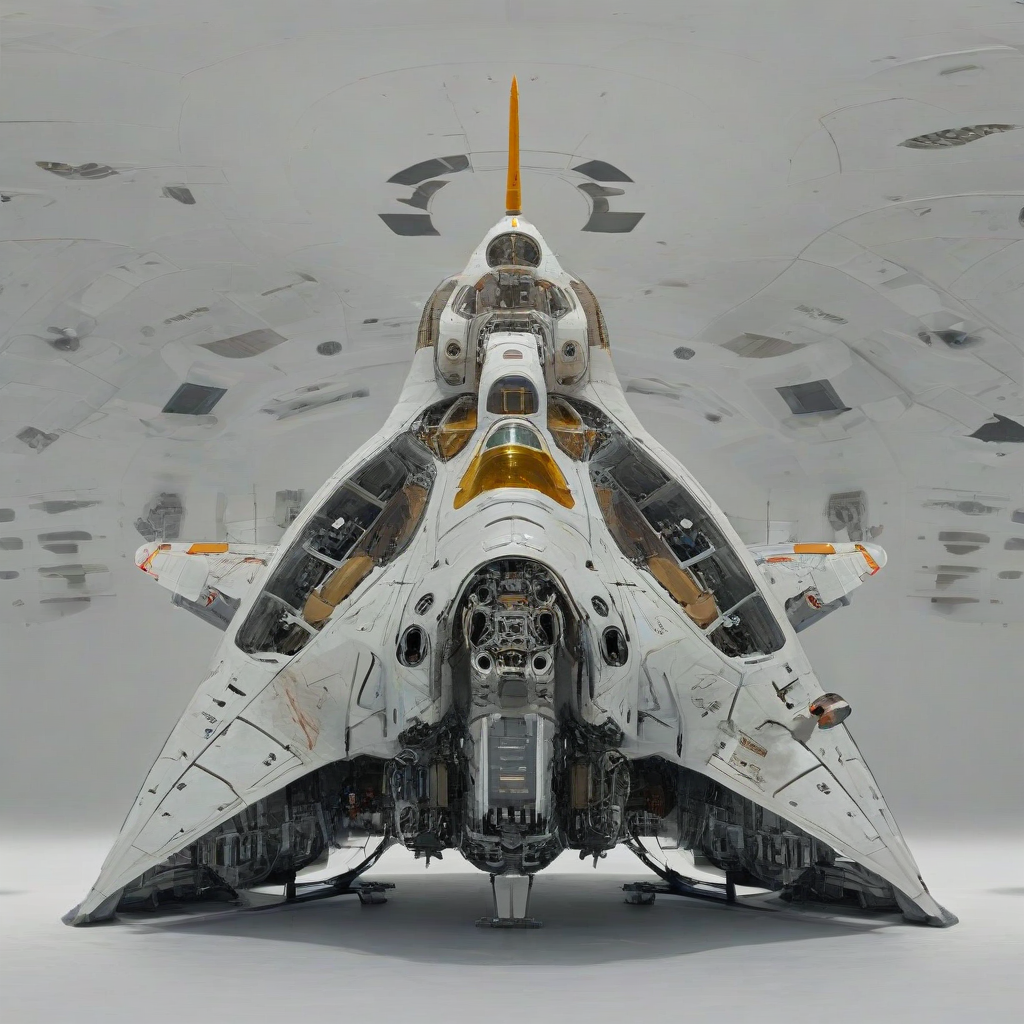 A very sleek, hyper-realistic space craft with metallic surfaces, intricate details, and a futuristic design, set against a plain white background, in a wide shot with the entire craft visible, including the engines and cockpit, a subtle glow effect to enhance the realism, in a digital art style with high levels of precision and accuracy, exterior only, no background, on a plain white background, even lighting