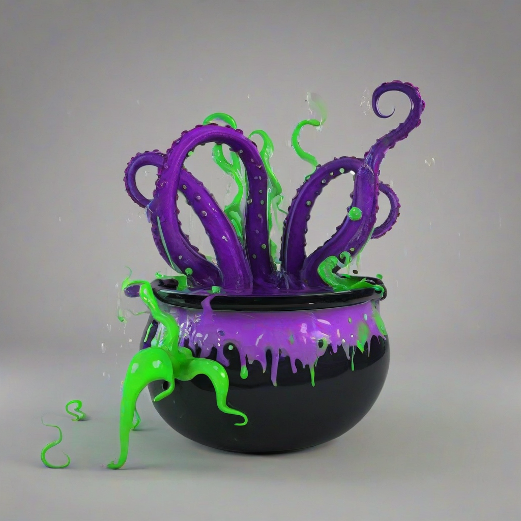 A 3D cartoon style image of a large, black cauldron with purple octopus tentacles, green goo bubbling out of the top of the cauldron, cauldron, green goo, and tentacles visible against a plain white background, with vibrant, exaggerated colors, on a plain white background, even lighting
