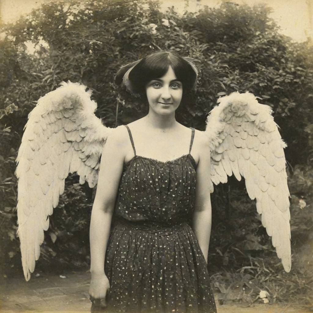 An old and distorted photograph of a woman with silky black hair and large eyes and large realistic angel wings growing from her back, she is smiling slightly as she poses for the photograph, the quality of the image is grainy and some parts of the image have black spots from damage, the background is a peaceful garden, the woman is wearing Victorian era clothing