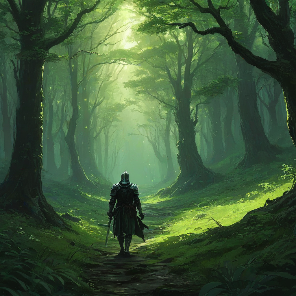 Andreas Rocha art style, knight walking through a lush green forest with softly glowing trees