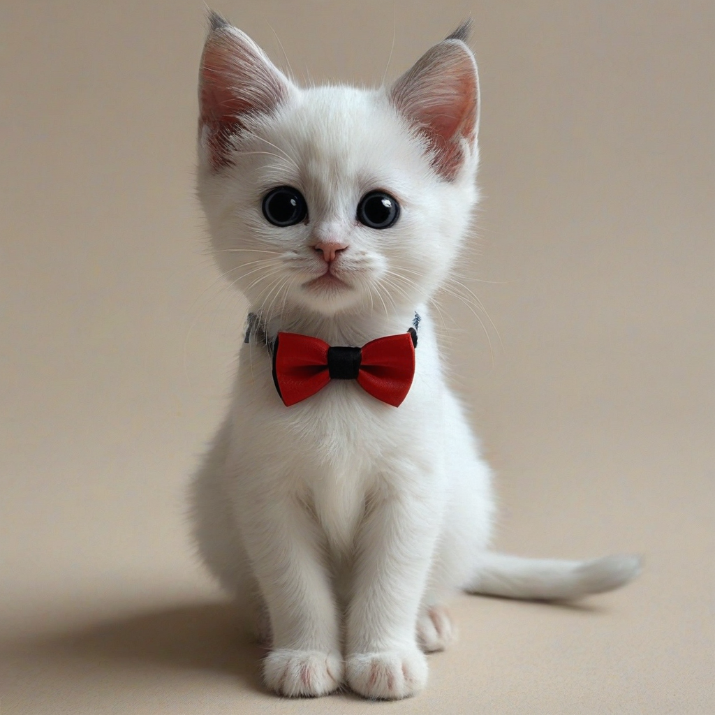 A white cartoon kitten with black ears and the tip of the tail is black, with a red bowtie
