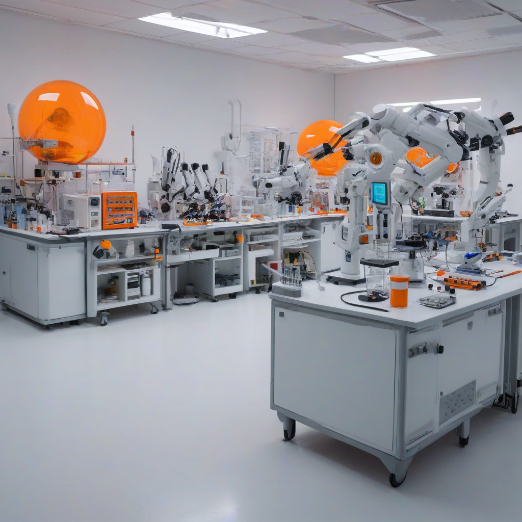 A futuristic, orange, cyberpunk-themed laboratory setting with various scientific equipment such as microscopes, test tubes, and robotic arms, all set against a plain white background, with a wide shot and full-body view of the equipment, in a digital art style with neon lights and dynamic shadows, on a plain white background, even lighting