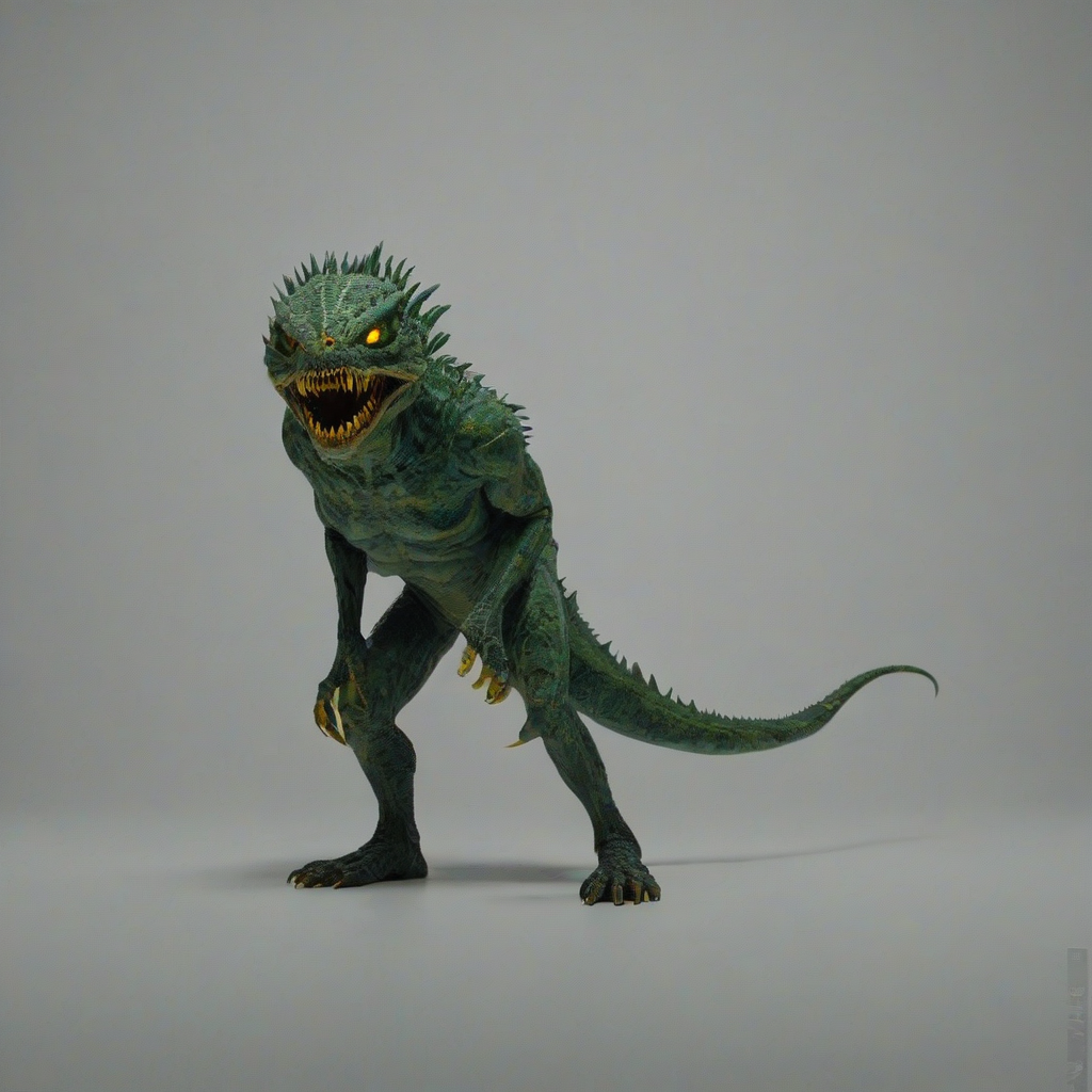 A full-body view of a mutant, with green scaly skin, sharp teeth, and glowing yellow eyes, standing on a plain white background, in a wide shot, with a cinematic, high-contrast lighting, and a slight film grain effect, in the style of a digital painting, on a plain white background, even lighting 
