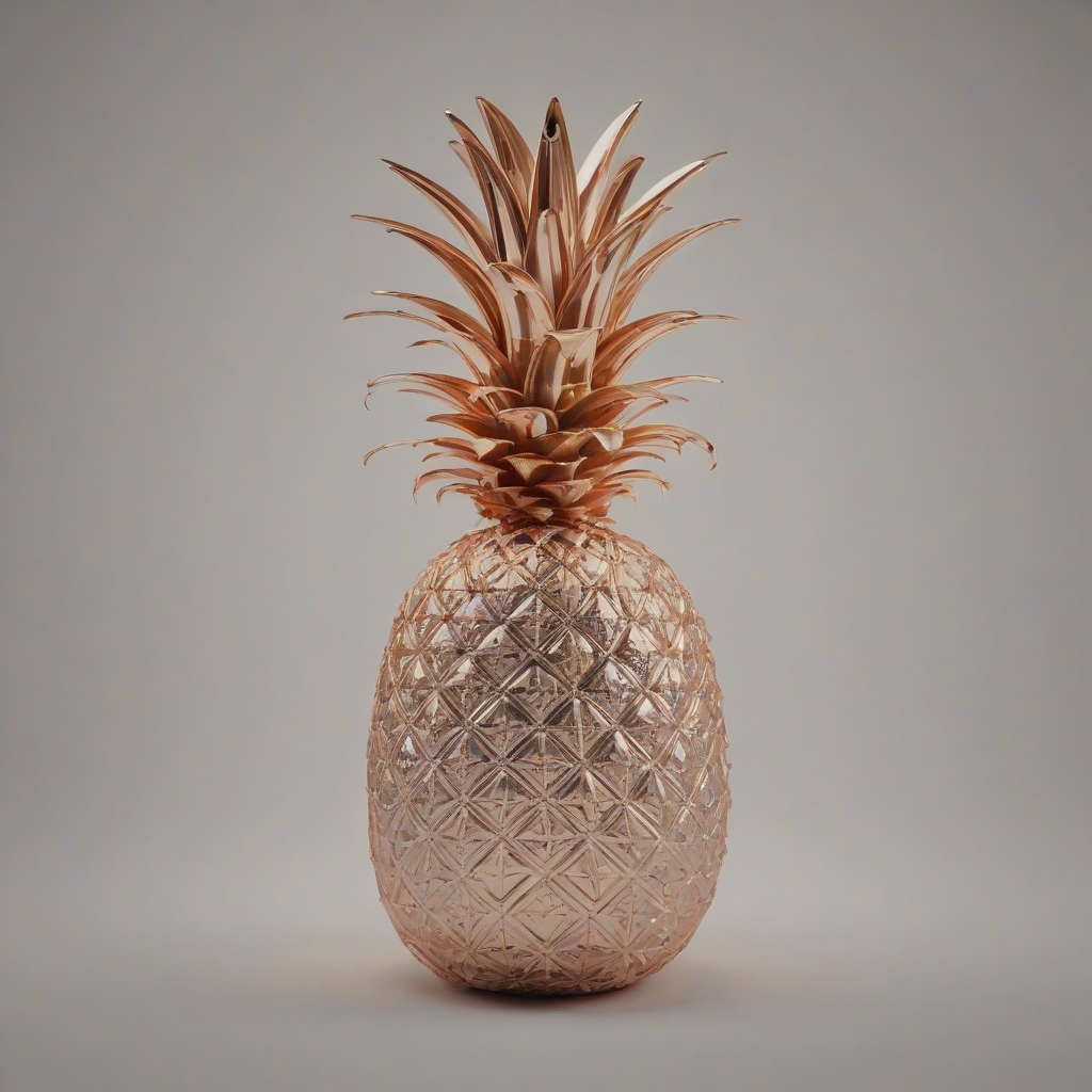 A magical artifact, a glowing pineapple with intricate, swirling patterns etched into its surface, set against a plain white background, in a wide shot with the entire peach visible, with a soft, warm light and a sense of mysticism, in an industrial style with metallic accents and a sense of futurism, digital art, on a plain white background, even lighting