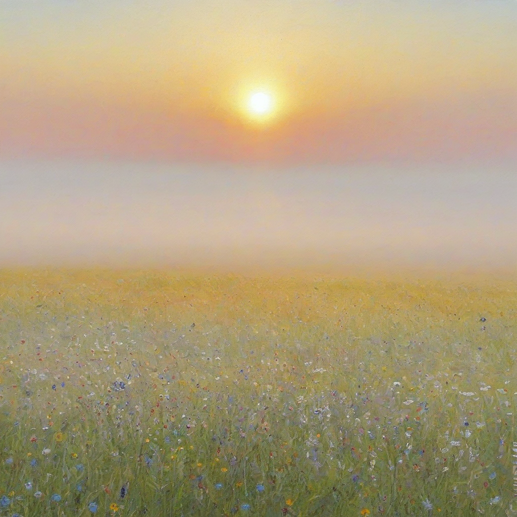 Impressionist style painting of the sun rising over a field of vibrant wild flowers, with a slight dew glistening on the delicate petals, set against a soft, warm sky with gentle, feathery clouds, in a wide shot with the entire field visible, on a plain white background