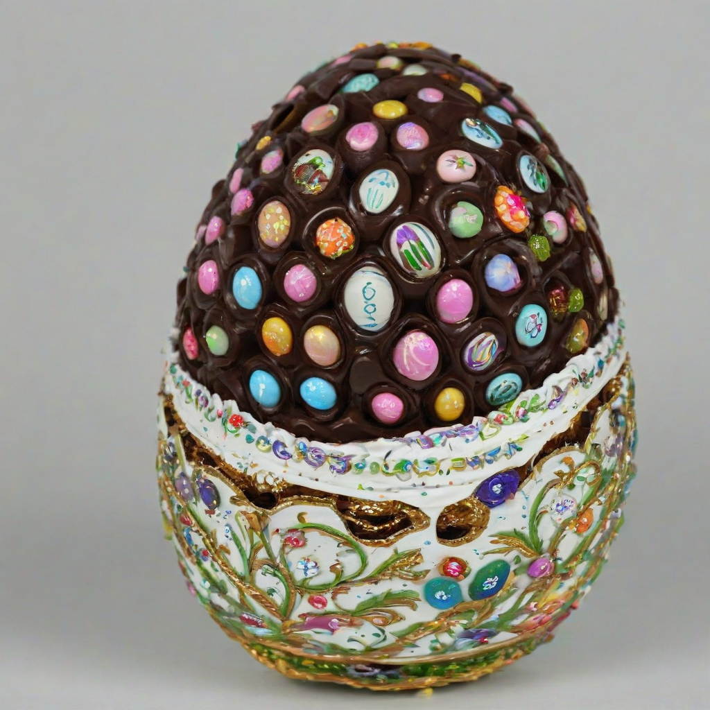 Fabergé egg made from chocolate, with details made out of candy, on a plain white background, even lighting