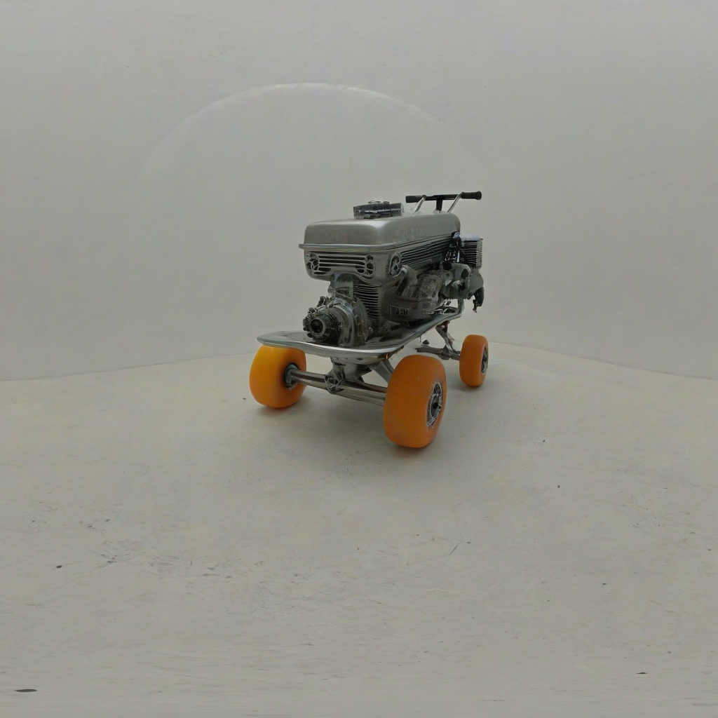 skateboard with an engine, bright lighting, wide angle shot, on a plain white background, even lighting