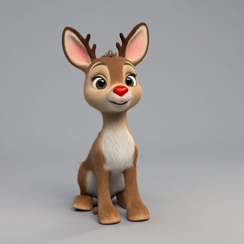 3d cartoon animation, cute baby Rudolph the red nose reindeer, big eyes, rounded features, short body, tiny nose, tiny feet, vivid colors, wide angle shot, feet visible, on a plain white background, even lighting