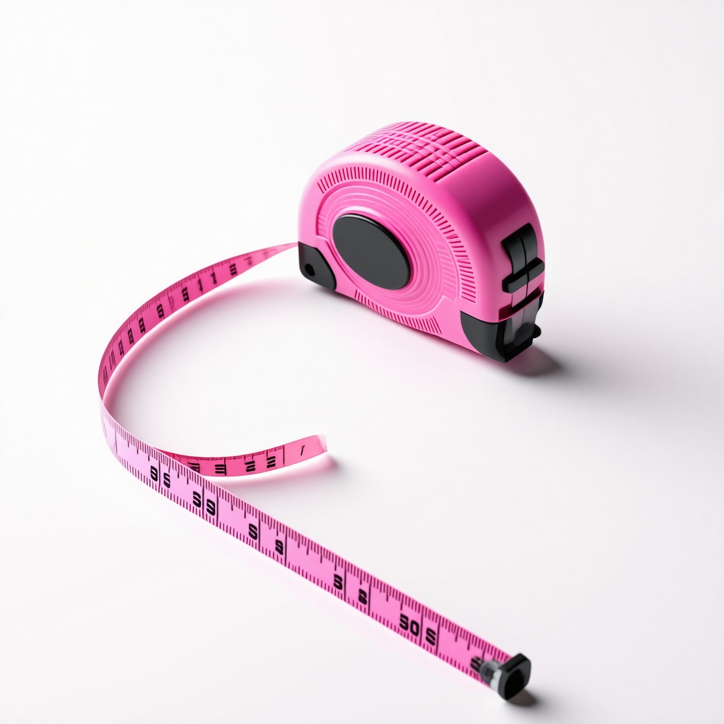 A pink tape measure with the pink tape pulled out slightly