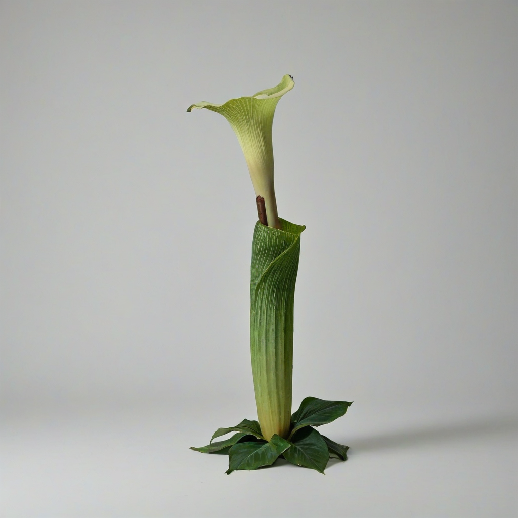 single corpse flower, full-body view, on a plain white background, with green leaves