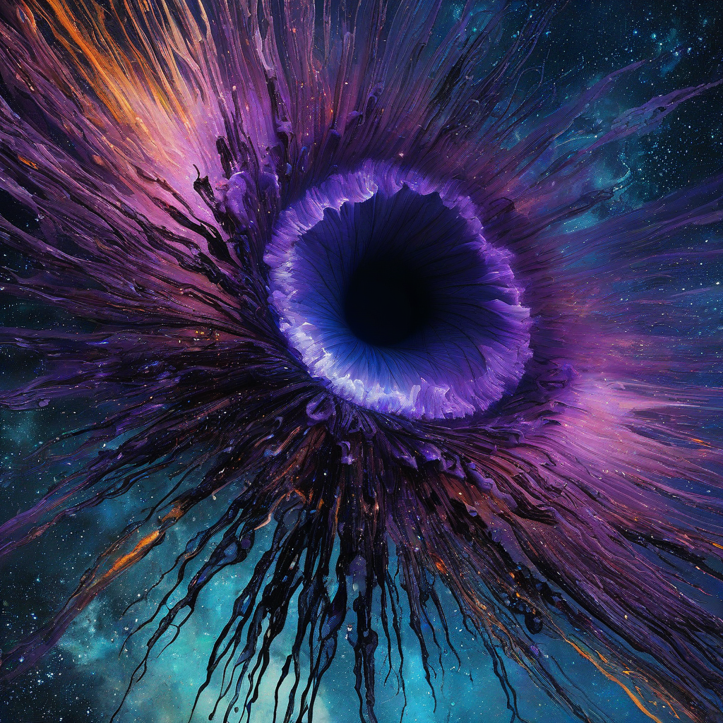 Digital art of a close up of a magical vortex shape like an iris, the vortex has a black hole in the center, with the iris edges being raised and textured with electric sparks, profile view, vibrant rainbow accent colors, dramatically billowing blue and purple space dust, Michael Whelan and Jeremy Mann influenced art styles, intense mood