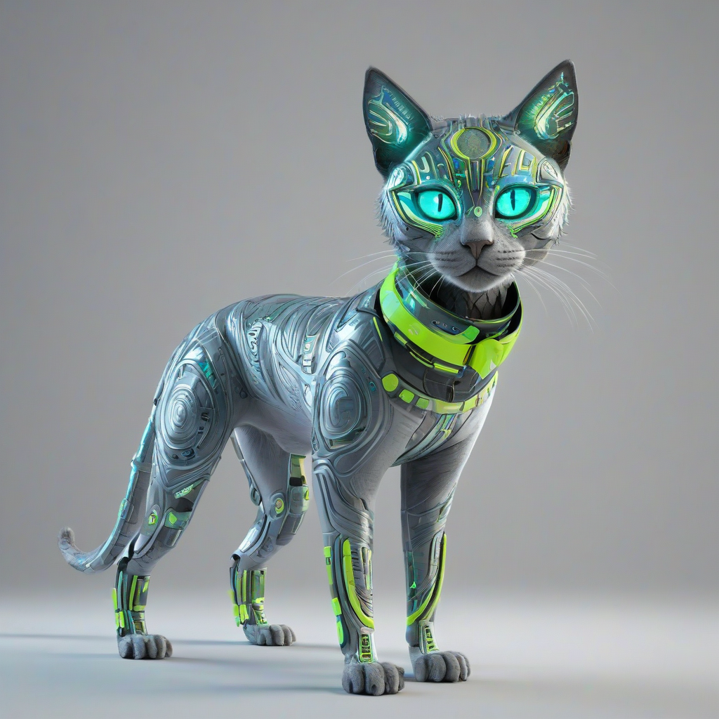 A full-body view of Mint, a futuristic, cybernetic cat with metallic blue fur and neon green eyes, wearing a sleek, high-tech collar with glowing Afrofuturism-inspired patterns, set against a plain white background, in a wide shot, with dynamic shadows and a soft, ethereal backlight, in the style of digital art with a mix of 3D and 2D elements, with intricate details and textures, and a sense of movement and energy