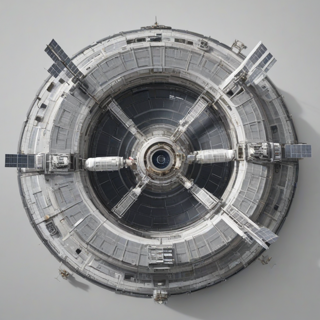 A space station, Slate, in a photorealistic style, with a wide shot, full-body view, on a plain white background, with metallic surfaces, and a sense of depth, with intricate details, and realistic lighting