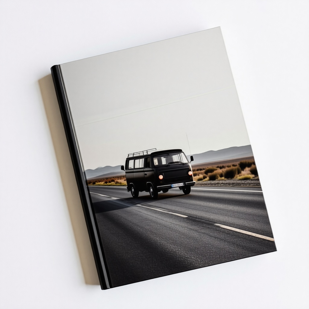 A book with a picture of a black van driving down a deserted road on the cover