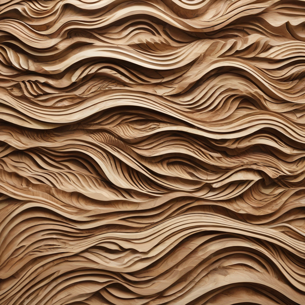 large, approximately 8’ by 4’ rectangular wooden wall panel installation. It features intricate, flowing wave-like patterns carved into the wood, creating a sense of movement and texture. The wood has a natural grain with varying shades of brown, beige, and light tan, giving it a warm and organic appearance. The carving appears to be deep and three-dimensional, with smooth, undulating ridges and valleys that mimic the flow of water or sand dunes., on a plain white background, even lighting