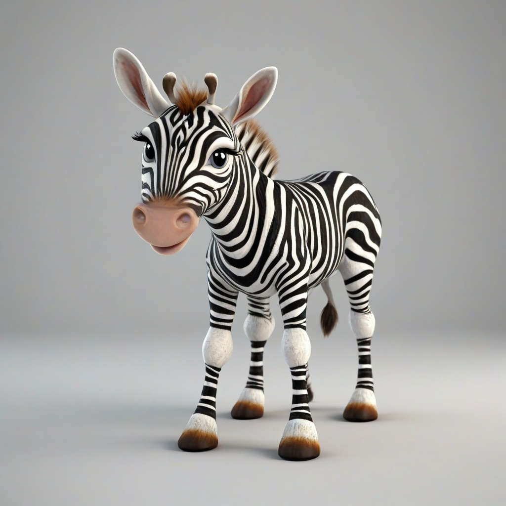3d cartoon animation, one animal that has a mix of a baby zebra and a baby cow, bright and vivid colors, large eyes, short body, round features, tiny nose, tiny feet, cute, happy expression on its face, only one in the shot, on a plain white background, even lighting