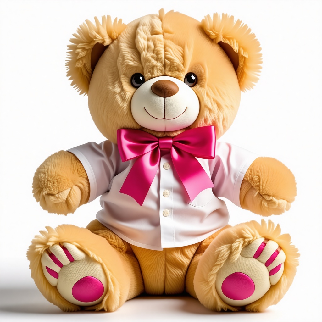 A cute, full-body view of a stuffed animal, a teddy bear with a bright pink bow tie and a white shirt, on a plain white background, in a wide shot with its feet visible, made of soft, plush material, with a sweet expression, in a digital art style with bold lines and vibrant colors