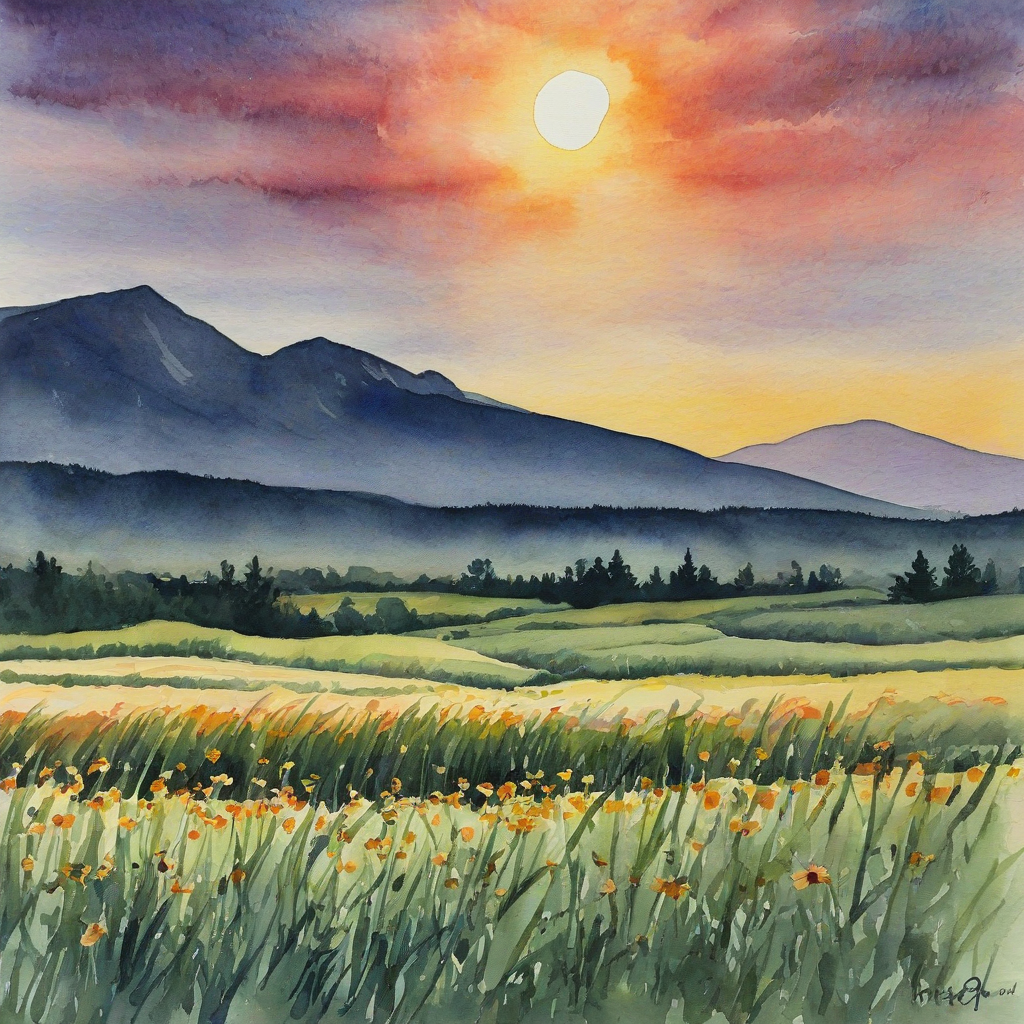 Watercolor of a sunset over a field with mountains in the horizon