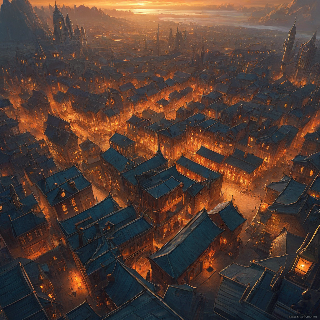 Marc Simonetti style overhead view of a peaceful steampunk city with the orange glow of hundreds of lanterns through the city visible