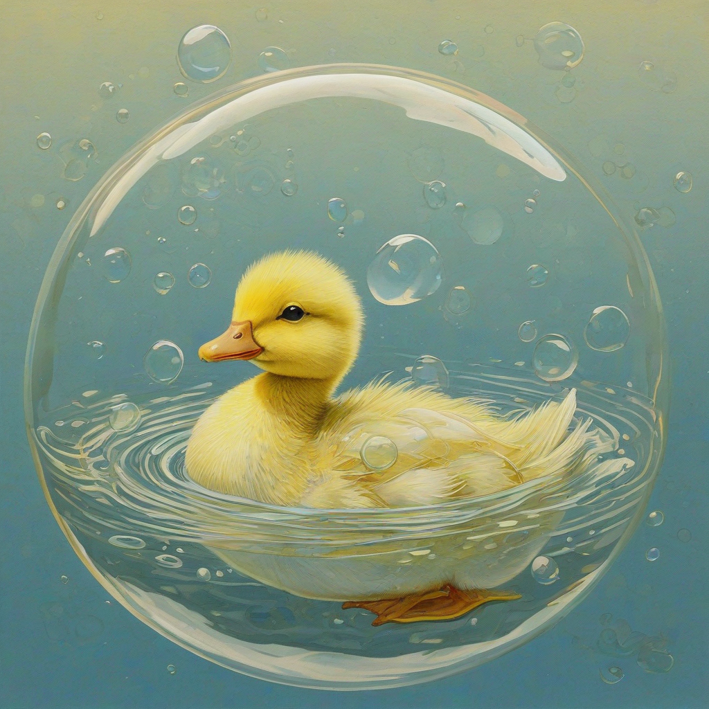 Sam Guay-inspired art of a duckling in a vibrant iridescent bubble filled 1/4 with water, with a bright yellow body, small yellow beak, and yellow feet floating on the water's surface, surrounded by a subtle gradient of pale blue and soft yellow hues.