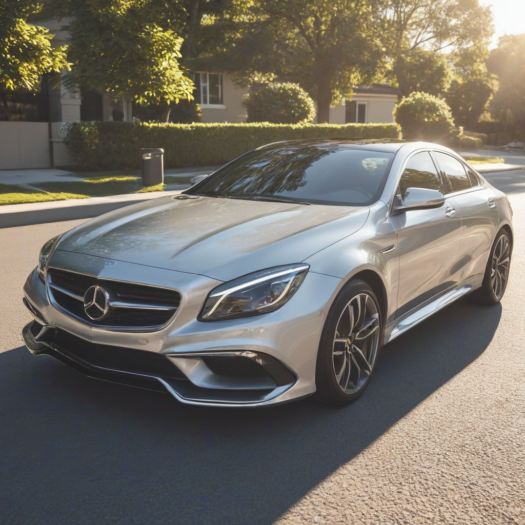 Sleek silver car, shiny metallic finish, glistening in sunlight, full-body view, wide shot, feet visible, on a road in a neighborhood, digital art style