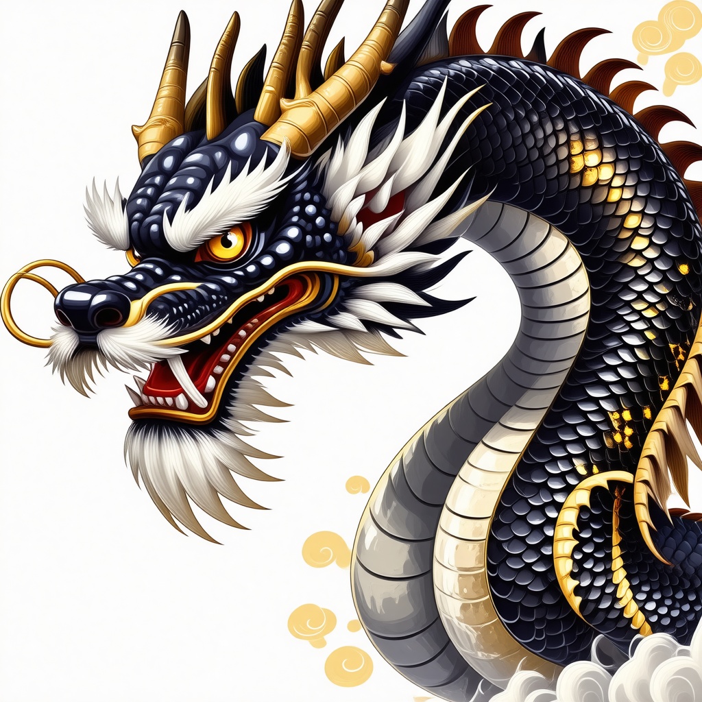 An anime Chinese dragon with black and gold speckled scales. It has yellow eyes and golden horns.