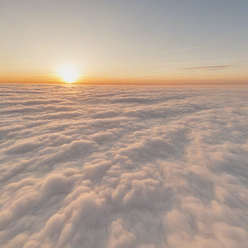 A serene and breathtaking view of a vibrant sunset above a sea of fluffy white clouds, with warm golden light casting a gentle glow on the cloud tops, in a wide-angle shot with a plain white background, full-body view of the clouds and sunset