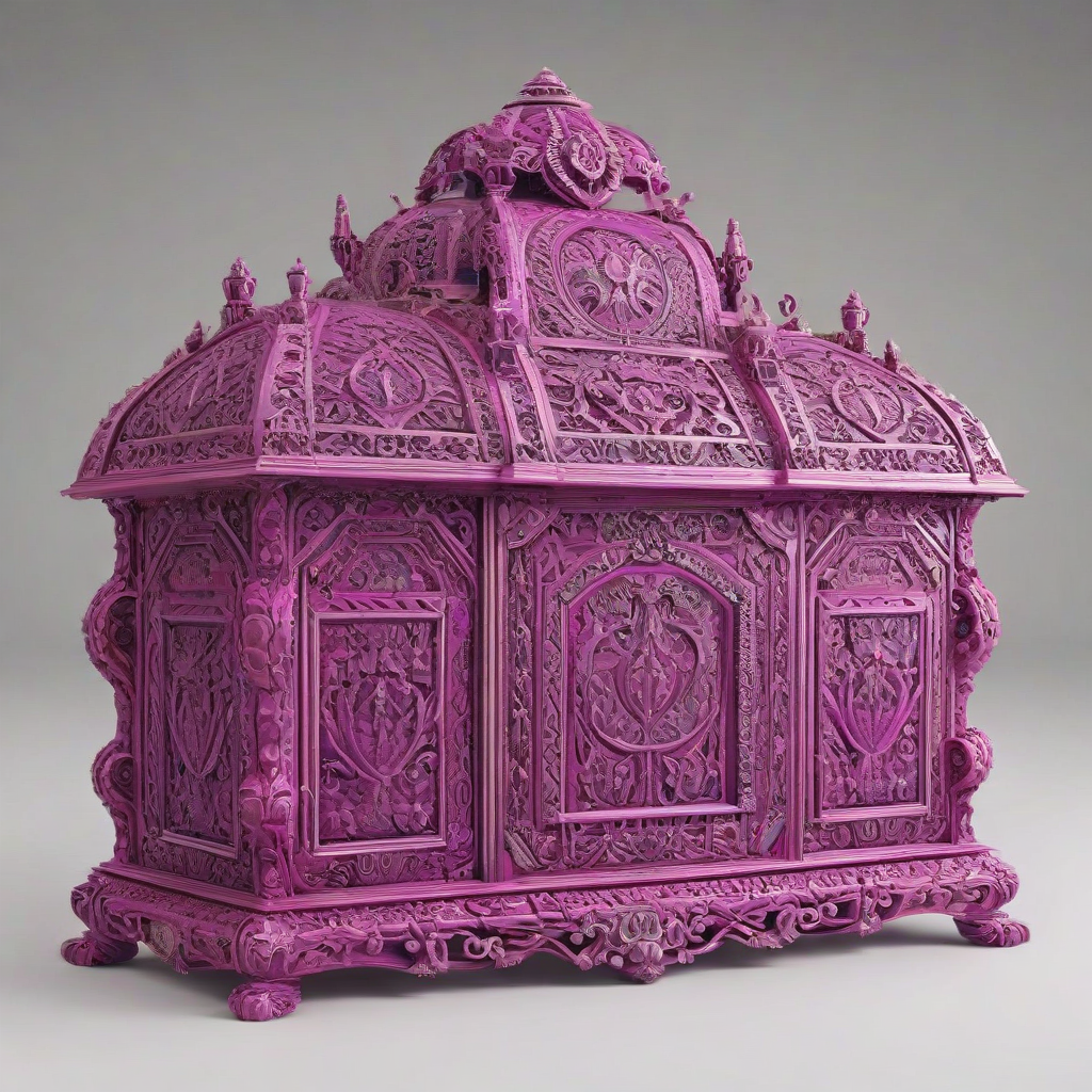 A majestic, ornate chest with intricate carvings, rendered in a vibrant magenta color, full-body view, wide shot, on a plain white background, in a concept art style with bold lines and dynamic shading, with a sense of luxury and mystery