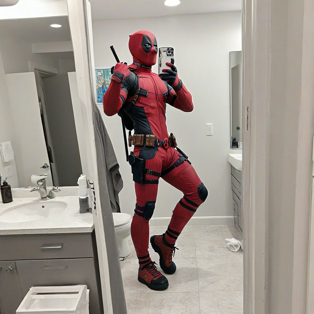 Deadpool taking a selfie in a bathroom mirror, full-body view, colorful, digital art style, plain white background