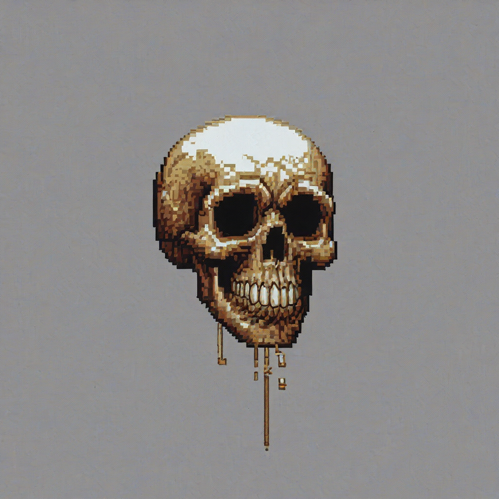 A very pixelated skull, full-body view, 8-bit style, on a plain white background, with a wide shot, and a low resolution, pixel art aesthetic, and a bold color scheme