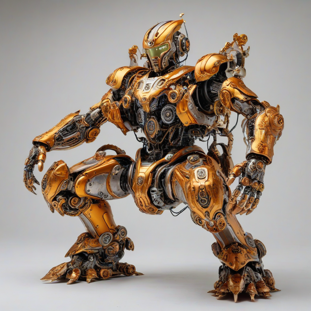A highly detailed, full-body view of a robot with a predominantly orange color scheme, set against a plain white background, in the style of Baroque art, with intricate metallic details and ornate patterns, wide shot, with the robot's feet visible, and a sense of dynamic movement, as if it is about to spring into action, with a warm, golden lighting and deep, rich shadows, on a plain white background, even lighting