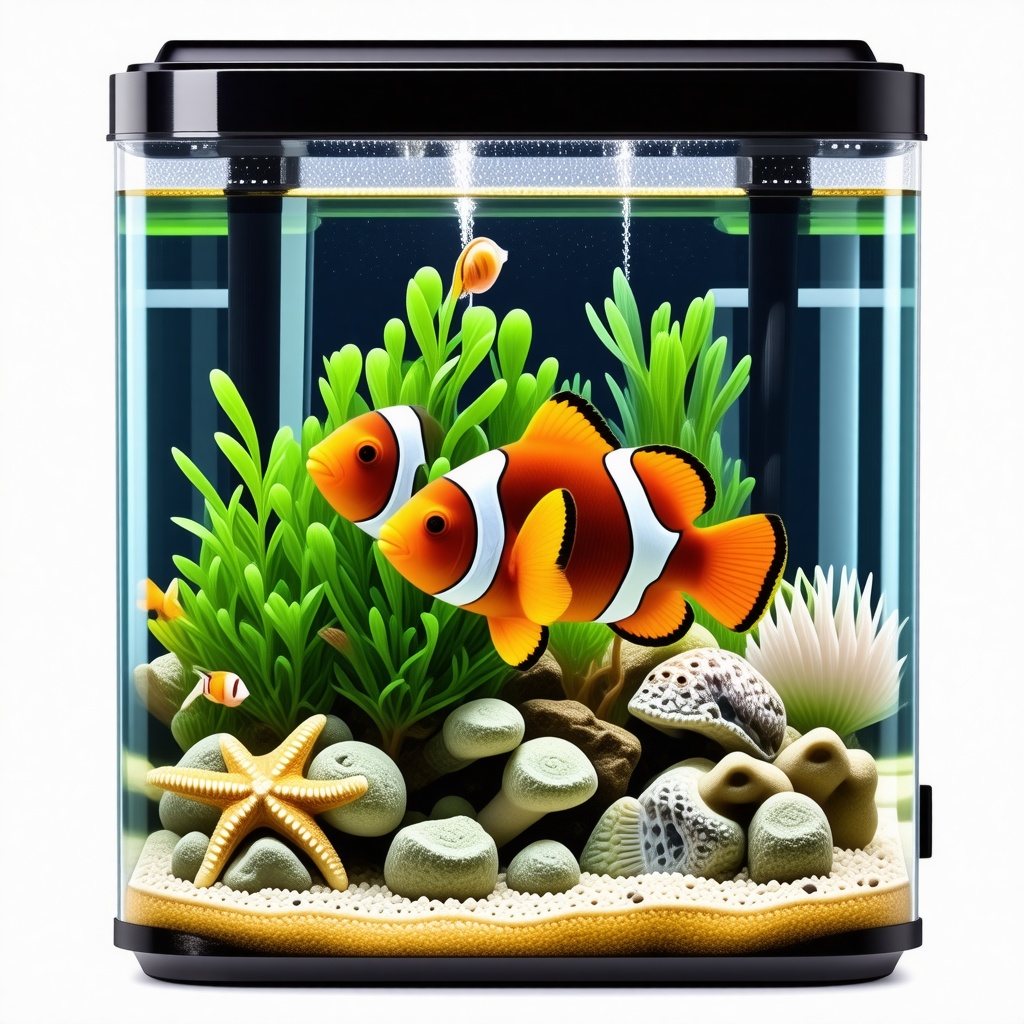 A fish tank with an angel fish, a clown fish, a pufferfish, a sea star, and a few other tropical fish in it.