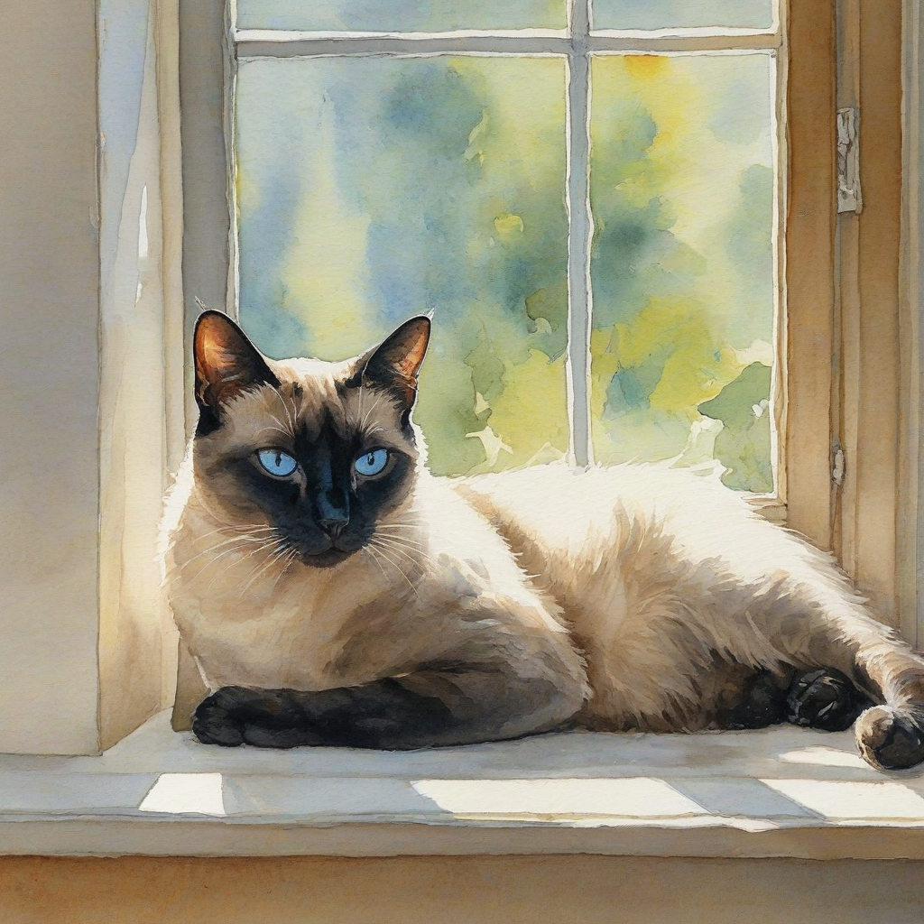 Watercolor of a Siamese cat laying down on a windowsill in a warm sunbeam