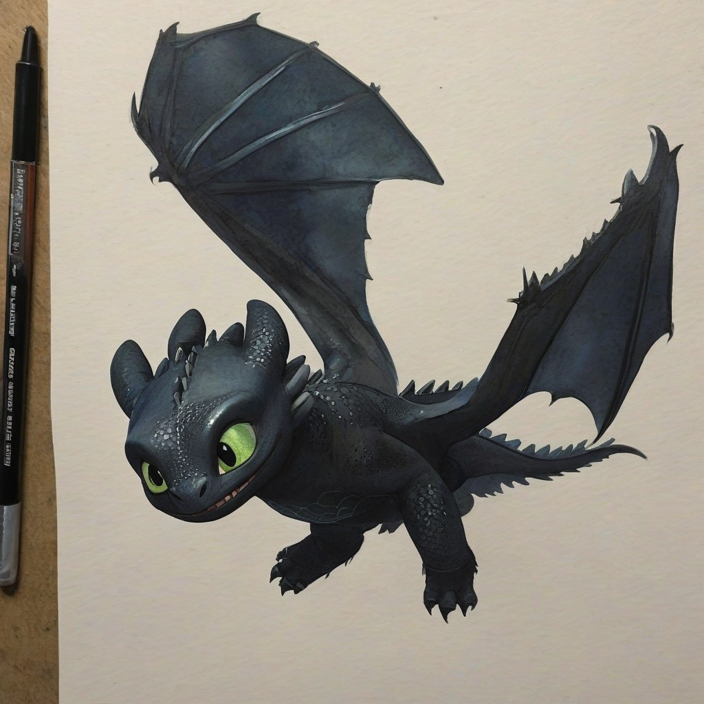 Watercolor style of Toothless the night fury flying from How to train your dragon
