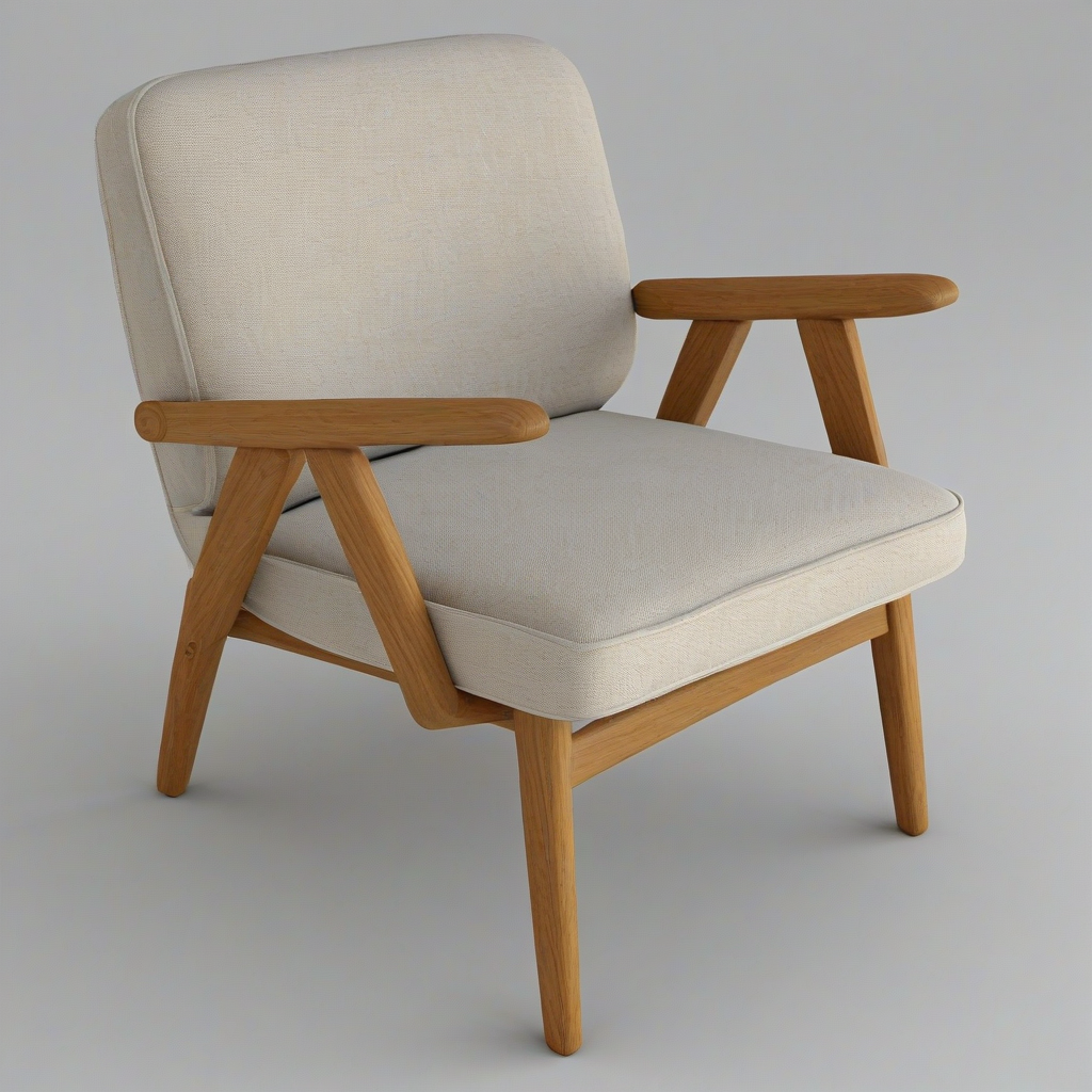 Generate a realistic 3D model of a contemporary accent chair with a minimalist Scandinavian design. The chair should feature a smooth, matte wooden frame with slightly angled legs and armrests. The seat and backrest cushions must be upholstered in a soft beige or off-white linen fabric with visible stitching, giving a cozy yet elegant appearance. The backrest is rectangular and slightly reclined, while the seat is wide and comfortable. The armrests are made of curved wood, seamlessly integrated into the frame. The overall look should be clean, neutral, and stylish, suitable for a modern living room or reading nook., on a plain white background, even lighting