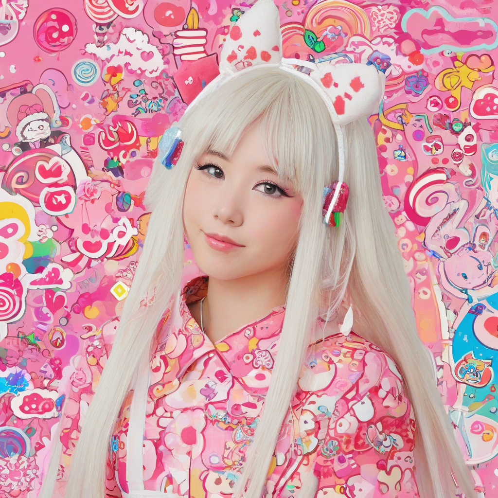 A full-body view of a colorful, cartoonified purikura style photo of a single subject with a bright white, vibrant hair accessories, and exaggerated facial features, in the style of Japanese kawaii art, with bold lines and textures, and a mix of digital painting and illustration styles
