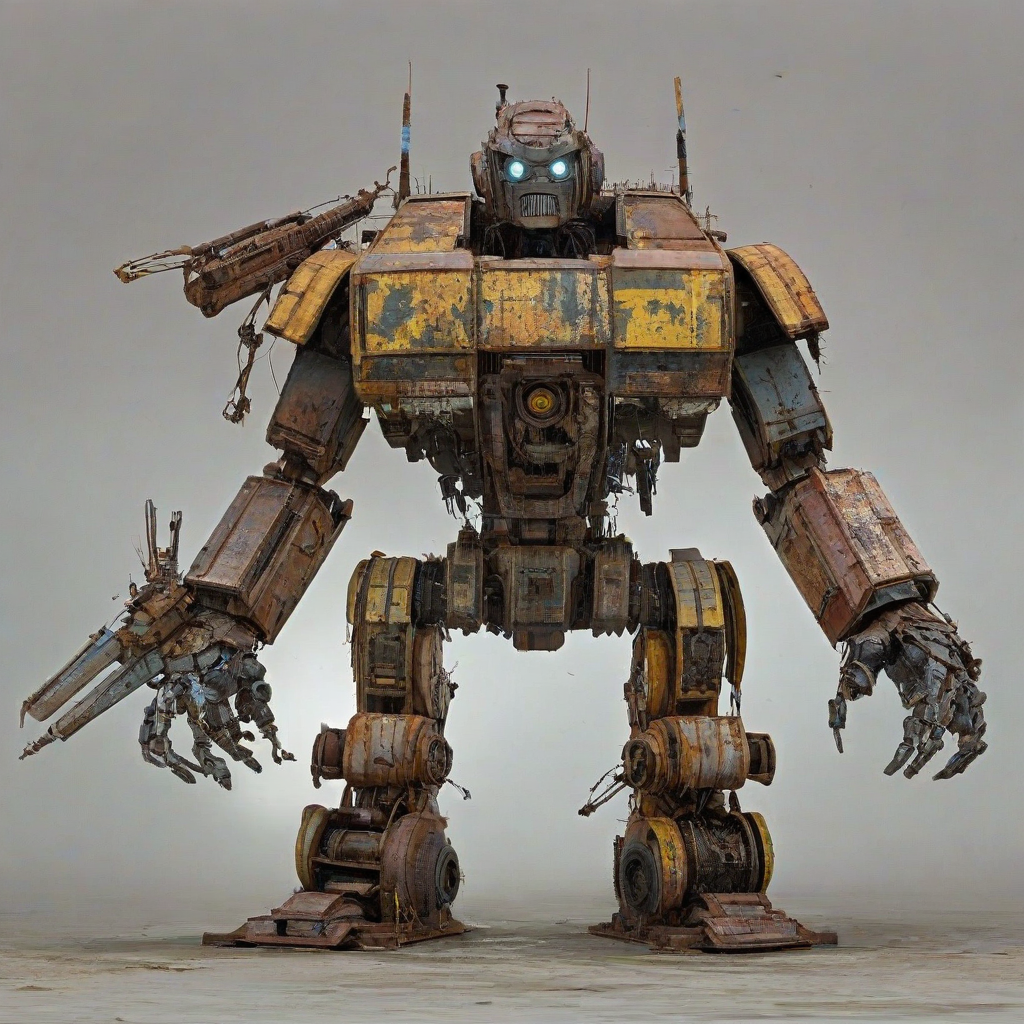 giant robot made out of metal, rusted, paint fading, post apocalyptic style, shipping cargo containers, on a plain white background, even lighting