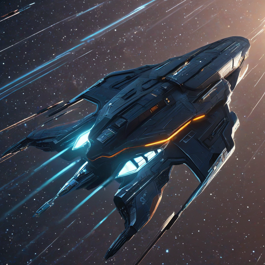 Awesome futuristic spaceship soaring through the stars, sleek build, small window lights, light trails, sci-fi vibes