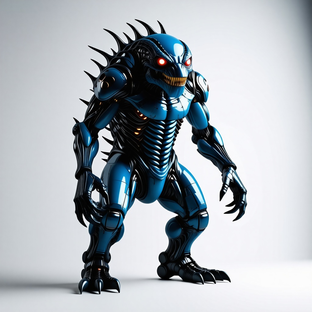 A large, blue, industrial monster with metallic scales and glowing red eyes, standing in a wide shot with its feet visible, set against a plain white background, in a digital art style with dynamic shadows and a hard rim light