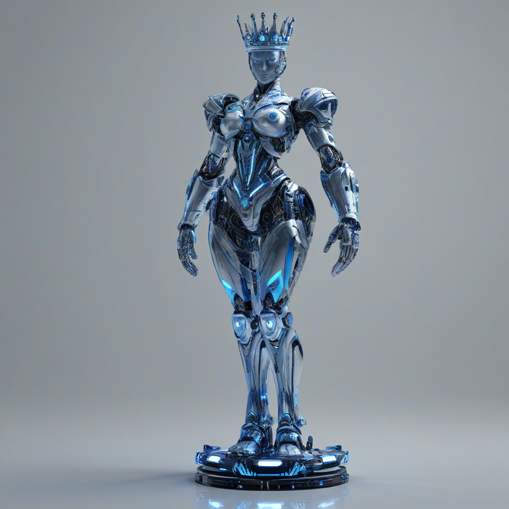 A highly detailed, full-body view of a mech queen chess piece, with a futuristic metallic body, glowing blue circuits, and a regal crown on its head, standing on a plain white background, in a wide shot, with its feet visible, in a digital art style with dynamic shadows and a hard rim light, on a plain white background, even lighting